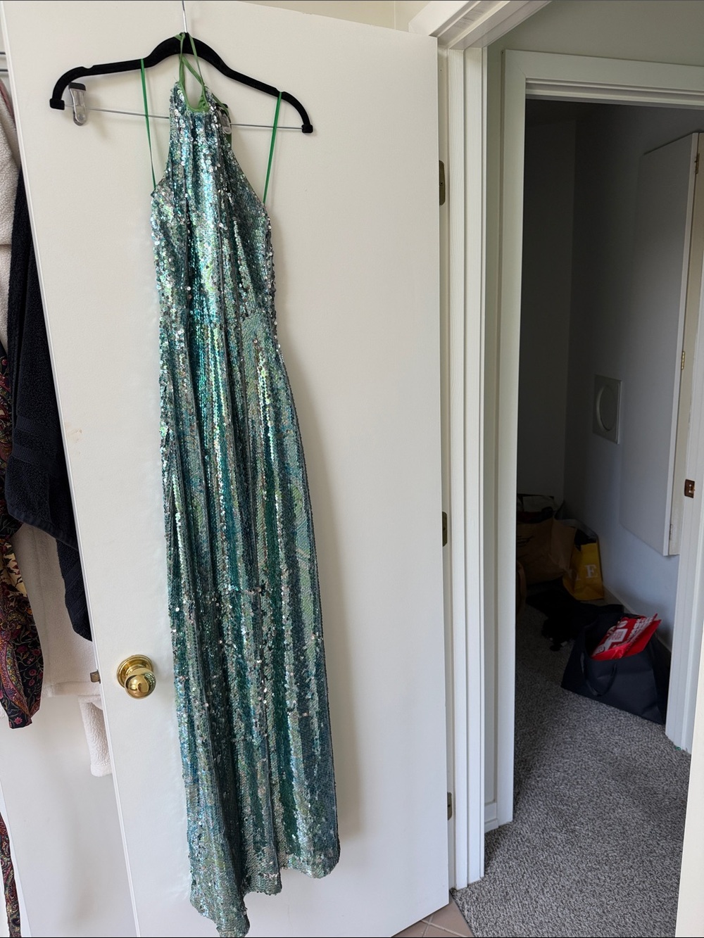 Sequin High-Neck Halter Gown in Iridescent Aqua